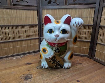 ヴィンテージ 招き猫 - 大型陶器製招き猫貯金箱、幸運風水置物、26.5cm