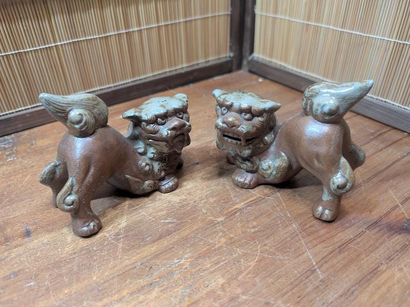 Traditional Okinawan Shisa Lion Pair 1960s Hand Painted Ceramic