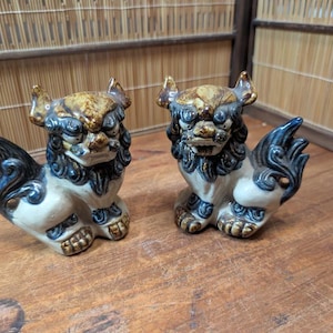 Traditional Okinawan Shisa Lion Statue Pair 1970s Handcrafted Japanese Ceramic Pottery Symbol of Protection & Good Fortune Gov Auction C166