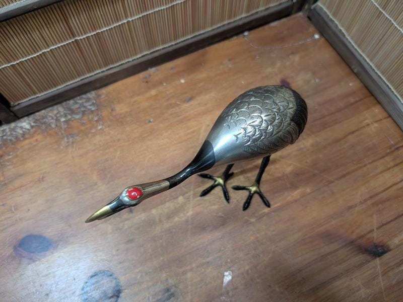 Japanese Antique 1950s Brass Crane Statue Tsuru Bird • Hand