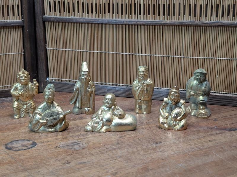 Japanese Seven Lucky Gods Shichifukujin Brass Figurine Set Antique