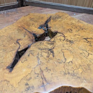 May include: Close-up of a unique, irregularly shaped wooden slab. The light brown surface features dark, intricate grain patterns and a deep, dark fissure running through the center. The wood's natural edges are visible.