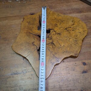 May include: A uniquely shaped, natural wood slab with a light brown color and dark grain patterns. A measuring tape shows the slab is approximately 30 inches long. The wood has a rough, organic edge and a hole in the center.