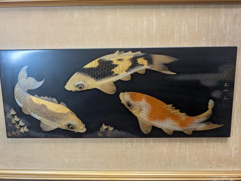 Japanese 1957 Wajima Lacquer Panel Choshitsu Koi Carp Maki-e Gold