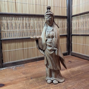 Rare 1940s Japanese Wooden Statue 観音菩薩 (Kannon Bosatsu), Gov Auction, Light Wood, Hand-Carved Buddhist Art, Vintage Japan EE3