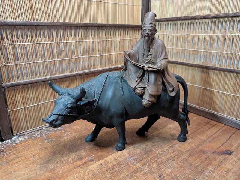 1950s Bronze Laozi Statue Riding Ox Taoist Philosopher Wisdom Art