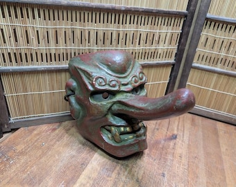 Rare Japanese 1950s Tengu Mask Wood Ceramic Mixed Folklore Theater Gov Auction BB8
