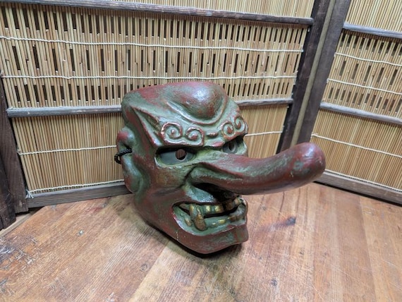 Rare Japanese 1950s Tengu Mask Wood Ceramic Mixed Folklore Theater Gov Auction BB8