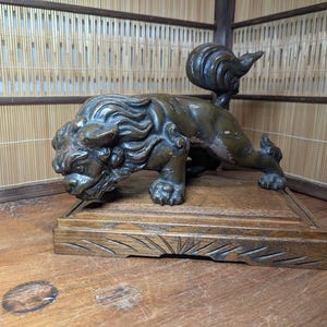 Extremely Rare 1800s Japanese Steel Shishi Lion | Heavy Antique on Handmade Wood Stand | Real Timeless Vintage | Gov Auction Japan W8