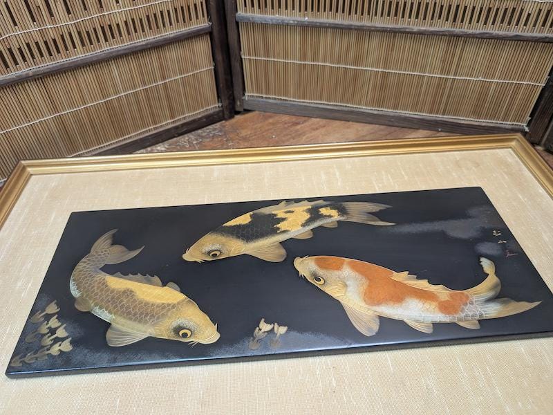 Japanese 1957 Wajima Lacquer Panel Choshitsu Koi Carp Maki-e Gold