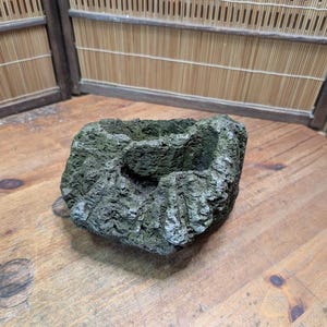 Puede incluir: Una maceta cuadrada, texturizada, similar a la piedra, con un exterior rugoso y musgoso. La maceta tiene una cavidad central y es principalmente gris y verde. Se encuentra sobre una superficie de madera, lo que sugiere una est&eacute;tica natural o r&uacute;stica.