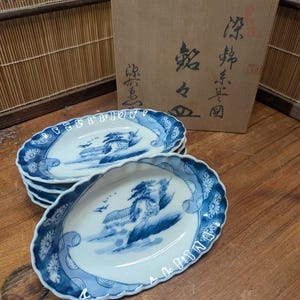 Extrem seltenes japanisches Meiji-Ära-Teller 5er-Set • 1800 Antike Keramik • Hellblau und Weiß • Gov Auktion • Japan Porzellan NN3
