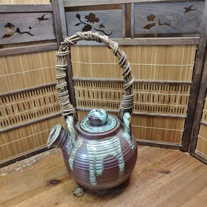 Vintage Shigaraki Ware Teapot 1970s Large Japanese Stoneware Wicker Handle Art C402