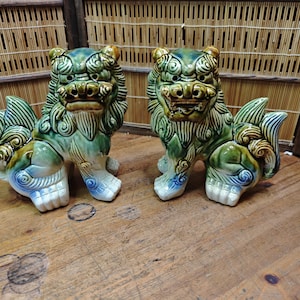 Large Okinawan Shisa Lion Pair Vintage Ceramic Guardians Japan Gov Auction C353 image 1