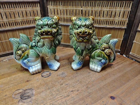 Large Okinawan Shisa Lion Pair Vintage Ceramic Guardians Japan Gov Auction C353