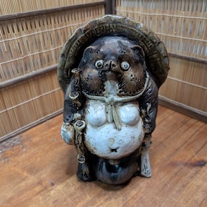 Japanese Vintage Tanuki Statue | Shigaraki Ware Pottery 2KG+ | 1960s Raccoon Dog Figurine | Gov Auction Find | Handmade in Japan A1-2
