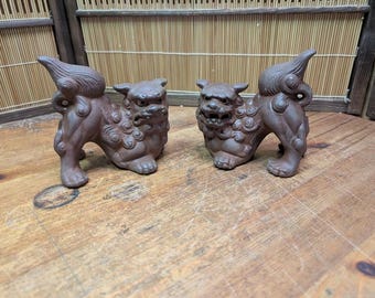 Traditional Okinawan Shisa Lion Statue Pair 1960s Japan Pottery Symbol of Protection & Good L8