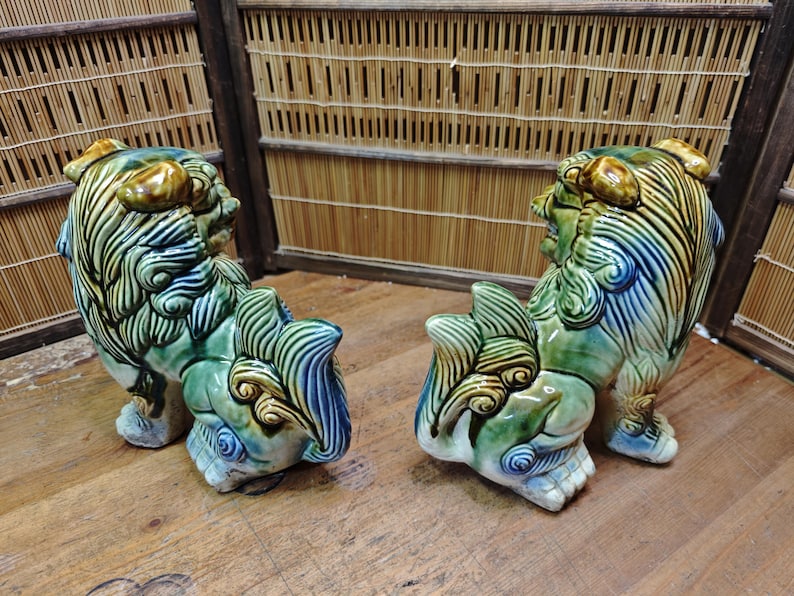 Large Okinawan Shisa Lion Pair Vintage Ceramic Guardians Japan Gov Auction C353 image 4