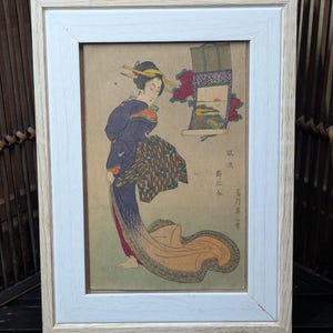 One Of a Kind Japanische Antique 1950s authentische Geisha Postkarte signierte Wand-Dekor gerahmtes Geisha Bild made in Japan F26