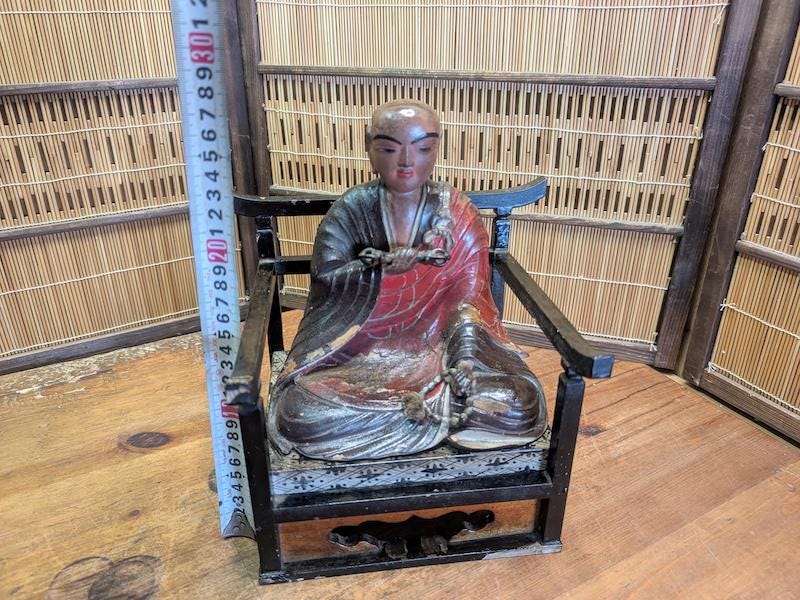 極めて希少な明治時代の日本の木製僧侶像 1800年代 手彫り
