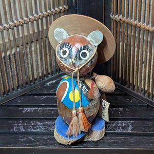 Vintage 1960s Japanese Tanuki Kokeshi Doll | Handmade Wooden Raccoon Figurine | Traditional Folk Art | Japan Gov Auction P13
