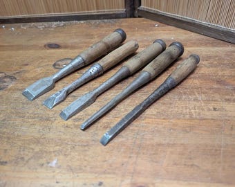 Juego de 5 cinceles de acero japoneses raros de la década de 1960, firmados, herramientas de carpintería N28