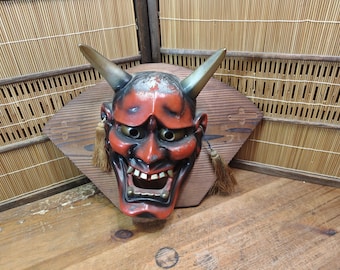 Vintage Japanese Oni Devil Mask Ceramic Wall Hanging Folk Art Japan CS99