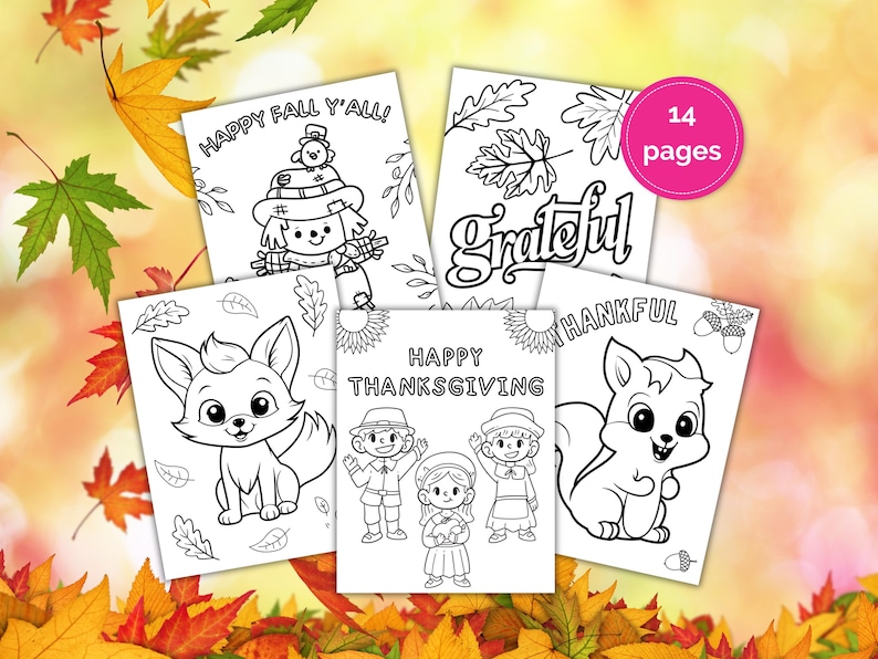 Fun Thanksgiving Coloring Pages Bundle 14 Pages for Kids & Adults Bold