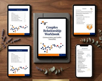 May include: A digital Couples Relationship Workbook PDF displayed on a tablet and four mobile devices. The screens show text, a table of contents, and heart-shaped graphics in blue and orange. The text reads Couples Relationship Workbook.
