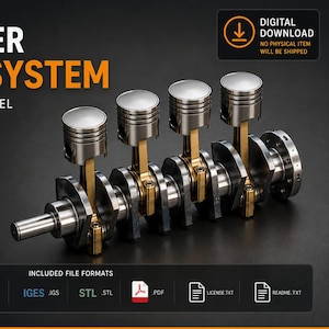May include: A 4-cylinder piston system CAD model featuring four metallic pistons connected to a crankshaft with gold-coloured connecting rods. The image includes text stating 4 CYLINDER PISTON SYSTEM, SOLIDWORKS CAD MODEL, and lists various file formats.