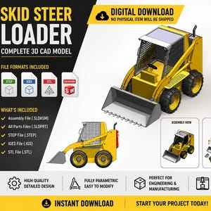 Op de afbeelding: Een digitale download van een 3D CAD-model voor een gele schranklader. De afbeelding toont de lader in isometrische, zij-, montage- en explosieweergaven, samen met tekst die bestandsformaten zoals STEP, IGES, STL en SolidWorks vermeldt.