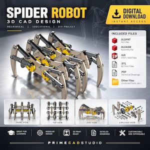 May include: A digital 3D CAD design of a spider robot featuring beige structural components and yellow gears. The image displays front, top, side, and exploded views, along with a list of included file formats like SLDPRT, SLDASM, IGS, STL, and PDF.