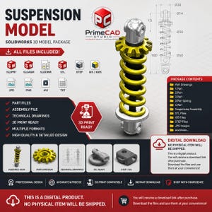 May include: A 3D digital model package of a suspension shock absorber featuring a yellow coil spring, silver mounting ends, and a gear-shaped adjuster. The technical drawing includes dimensions of 180 units in height and 60 units in diameter.