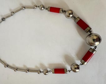 Vintage Art Deco Jakob Bengel chrome red bead necklace