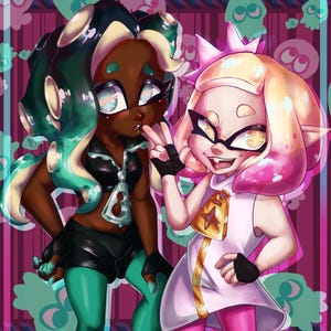 May include: Illustration of two anime-style characters with vibrant colors. One character has dark skin, teal tentacles, and wears a black outfit. The other has light skin, pink hair, and a white dress. The background is a patterned pink and purple.