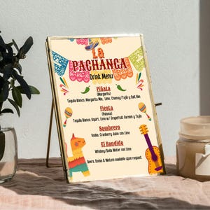 May include: A colorful printable sign with the text "La Pachanga Drink Menu" and a list of drinks with their ingredients. The sign features a festive Mexican theme with illustrations of a piñata, a sombrero, and a guitar.