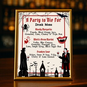 May include: A framed Halloween-themed drink menu with a gold border. The menu features the title "A Party to Die For" and drink names like "Bloody Margarita" and "Witch's Brew Martini." Decorative elements include bats, spiders, and vampire illustrations.