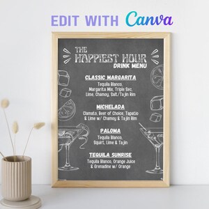 Cocktailkarte im Chalkboard-Stil für Partys, die Canva Drinks List Minimales Mixology-Schild für Geburtstage & Hochzeiten anbieten