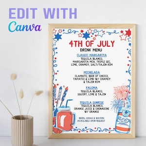 Peut inclure: Un menu de boissons du 4 juillet encadré dans un cadre en bois. Le menu présente des étoiles et des feux d'artifice rouges, blancs et bleus. Les options de boissons incluent Margarita classique, Michelada, Paloma et Tequila Sunrise.