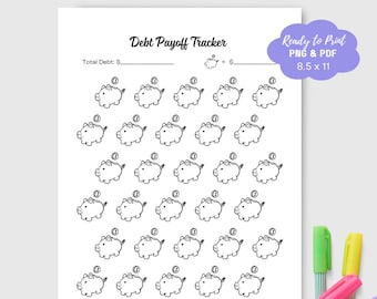 May include: Printable debt payoff tracker with a black and white illustration of piggy banks. The tracker has a space to write in the total debt and a space to write in the amount of each payment. The tracker is 8.5 inches by 11 inches.