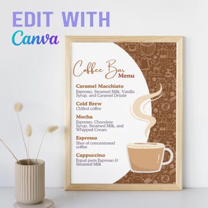 Modelo de cardápio de bebidas para cafeteria, placa personalizada para cafeteria Canva, design editável para cardápio de festa de cafeteria