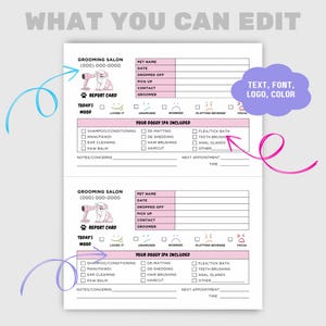 Sjabloon hondentrimsalon Hondenrapportkaart Afdrukbaar bewerkbaar formulier hondensalon Aanmeldingsformulier huisdier voor Doggy Spa Samenvatting bewerken op Canva