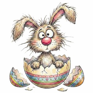 May include: A whimsical watercolor illustration of a brown bunny emerging from a cracked Easter egg. The egg is decorated with colorful stripes and heart patterns. The bunny has a pink nose and wide eyes, conveying a surprised expression.
