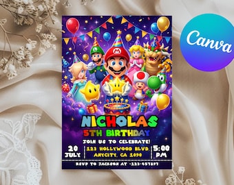 5 Super Mario Galaxy Birthday Invitations, Printable 5x7 Inches Invitation, Kids Birthday Party Invitation, Editable Canva Template