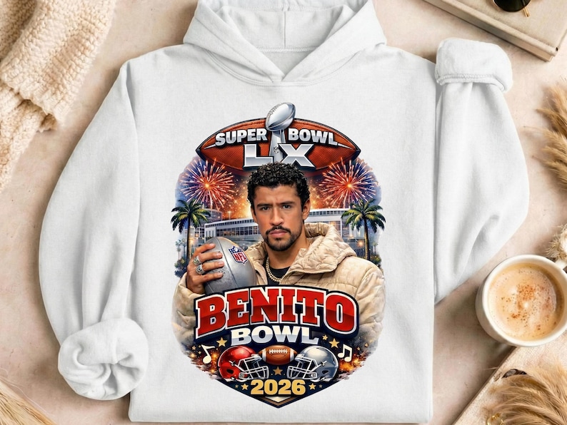 May include: White hoodie featuring a graphic of a man holding a football, with the text "BENITO BOWL 2026". The design includes footballs, helmets, and fireworks, with the words "SUPER BOWL LX" at the top.