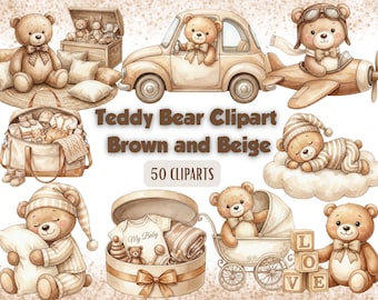Brown and Beige Watercolor Teddy Bear Clipart | Baby Bear Illustration | Digital Download PNG | Commercial Use | Bear PNG Transparent.