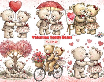 Valentine PNG | Valentine Clip Art | Valentine's Day PNG | Bears PNG | 25 Romantic Images | Watercolor Teddy Bear | DigitalDownload