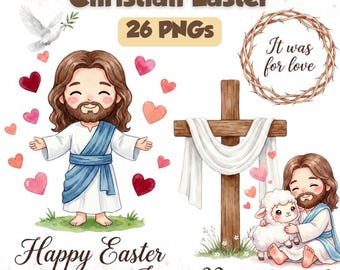 26 PNG Images Christian Easter Clipart, Watercolor Jesus and Lamb, Happy Easter Graphics,Digital download.