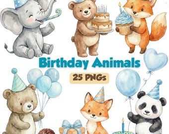 Birthday Animal Clipart PNG – Blue Watercolor Wild Animals – Bear, Elephant, Fox and Panda – Digital Download