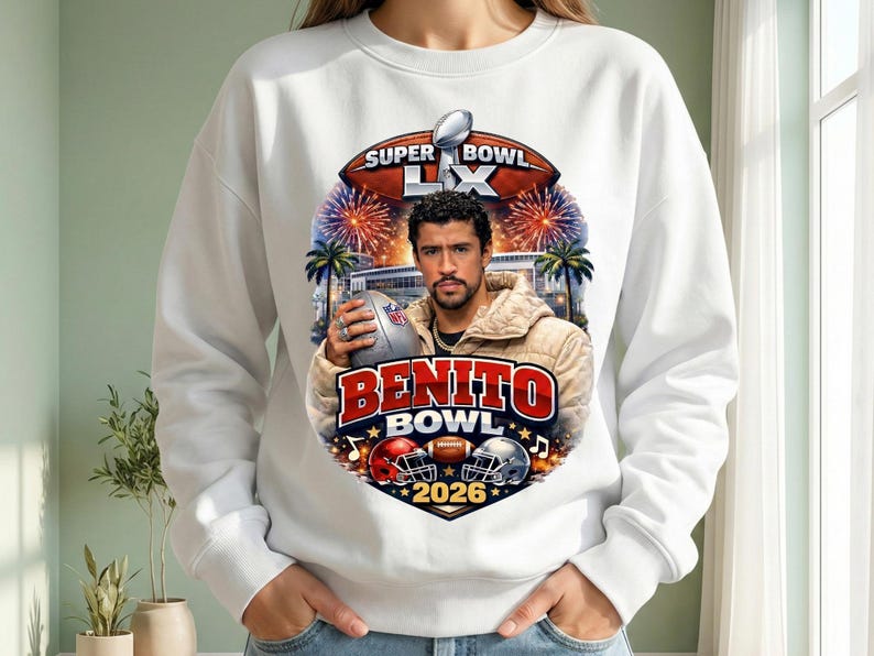 May include: White sweatshirt featuring a graphic of a man holding a football, with the text "Super Bowl LX" and "Benito Bowl 2026". The design includes football helmets, fireworks, and palm trees.